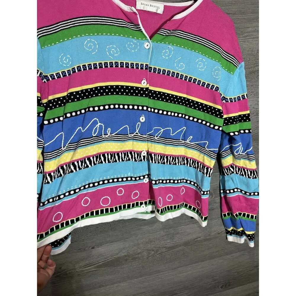 Susan‎ Bristol, Women's Colorful Zebra Fair Isle Pattern, Cardigan, Size Large - Picture 2 of 6
